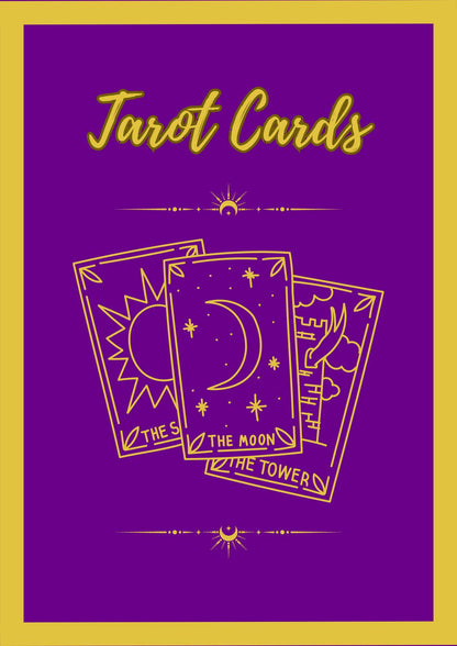 The image displays the cover of a Tarot Card Colouring Book for Adults. It features a vibrant purple background with gold accents and illustrations of tarot cards including 'The Fool', 'The Moon', and 'The Tower'.