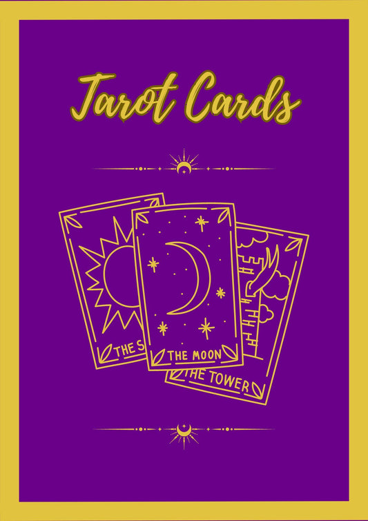 The image displays the cover of a Tarot Card Colouring Book for Adults. It features a vibrant purple background with gold accents and illustrations of tarot cards including 'The Fool', 'The Moon', and 'The Tower'.