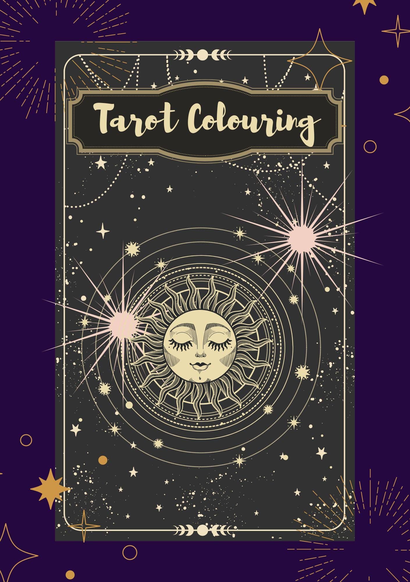 A digital coloring book cover featuring a tarot card with a sun and moon design against a dark background with stars.