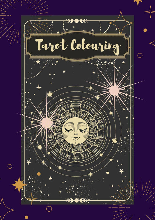 A digital coloring book cover featuring a tarot card with a sun and moon design against a dark background with stars.