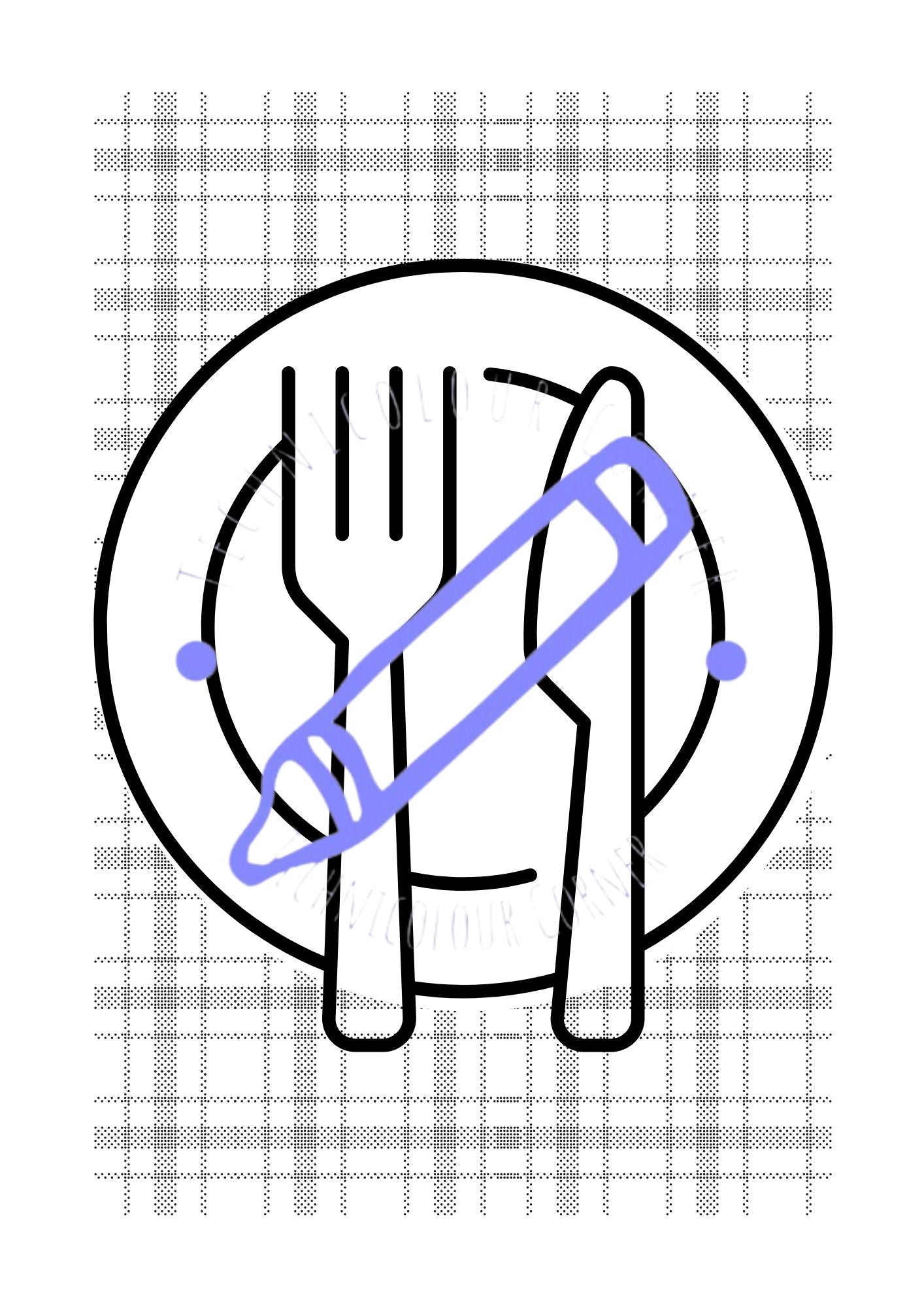 a fork and knife on an place on a tartan table top colouring page for st andrews day