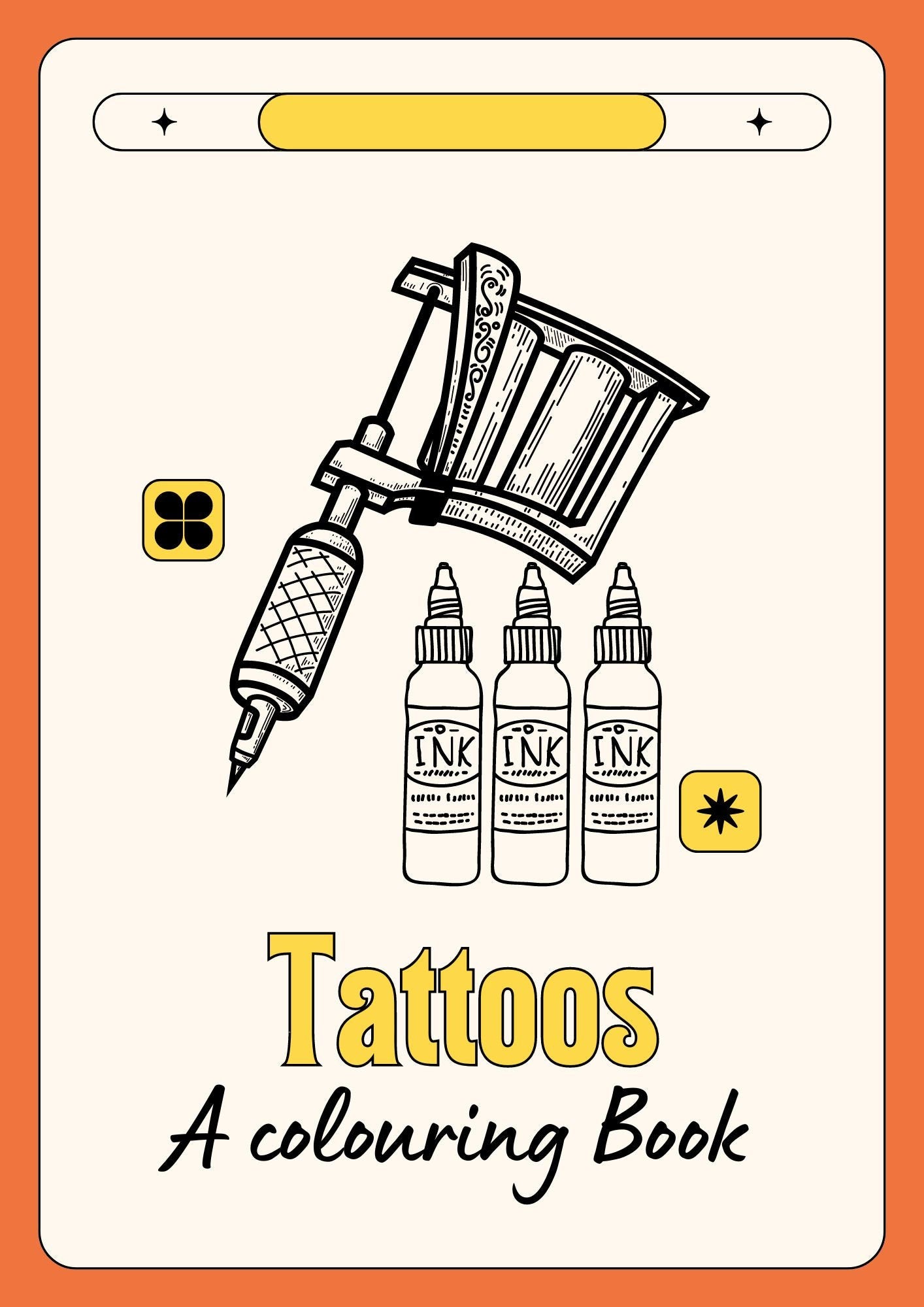 Cover of a coloring book titled 'Tattoos' showing a tattoo machine and ink bottles.