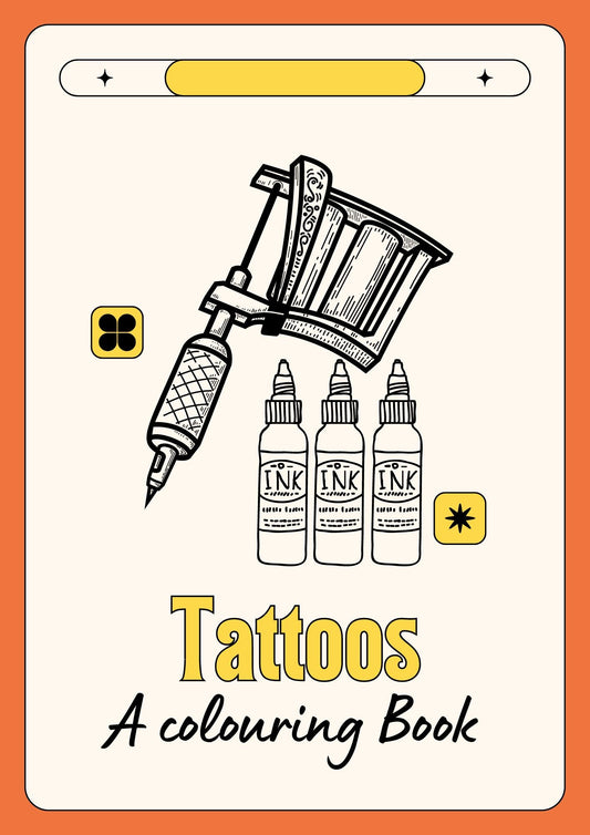 Cover of a coloring book titled 'Tattoos' showing a tattoo machine and ink bottles.