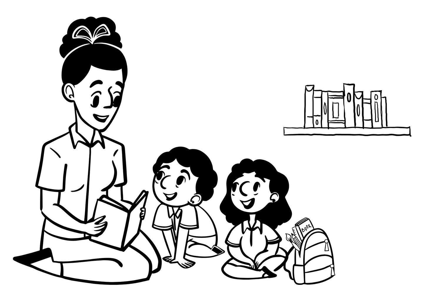 Illustration of a teacher reading to two students with books and a backpack on a white background