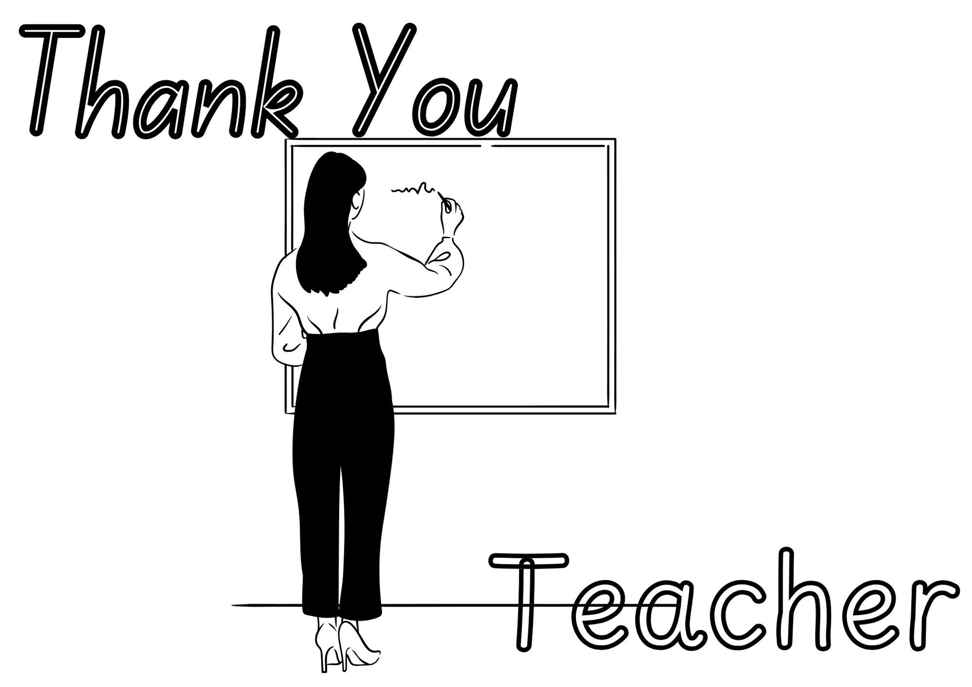 Black and white illustration of a teacher standing in front of a board with 'Thank You Teacher' text above.