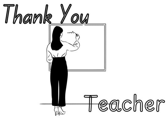 Black and white illustration of a teacher standing in front of a board with 'Thank You Teacher' text above.