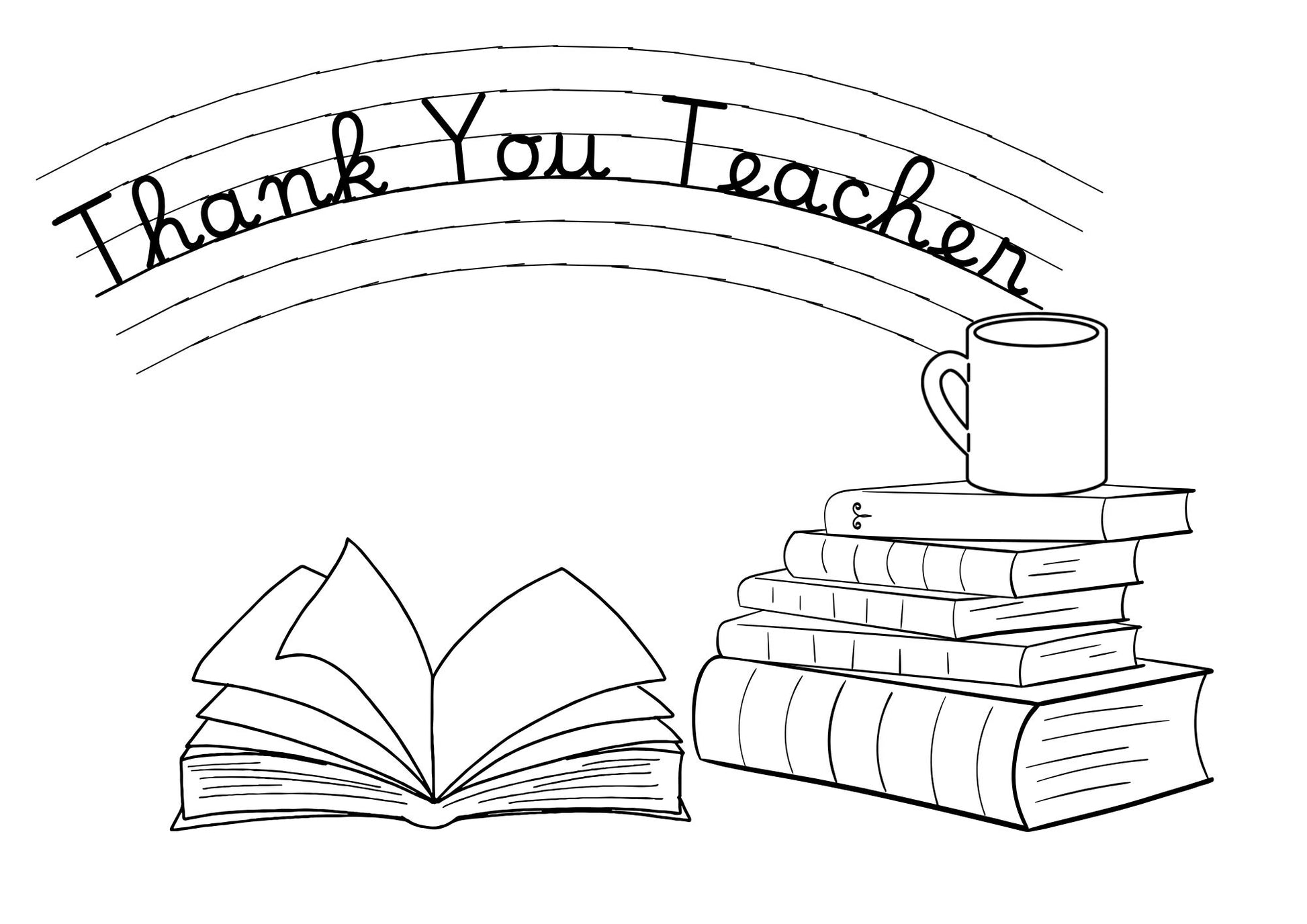 Illustration of an open book, stack of books, and a mug with 'Thank You Teacher' text above on a white background.