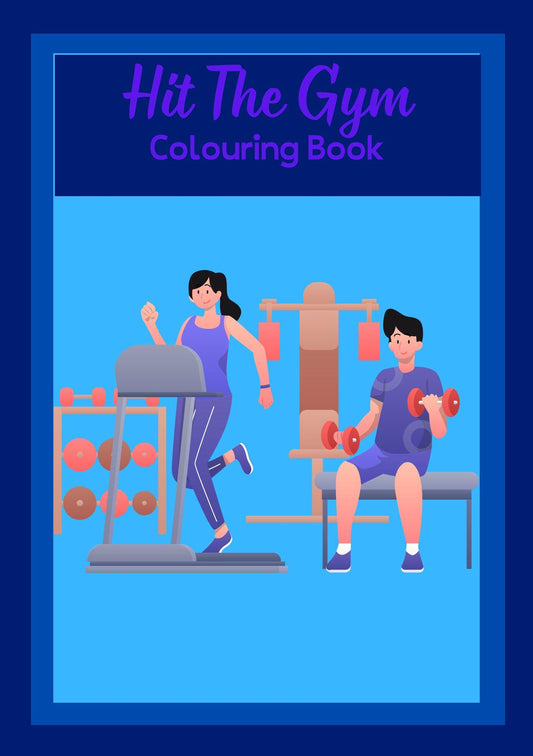 Cover of 'Hit The Gym - A Digital Colouring Book For Kids' featuring cartoon illustrations of a girl and a boy engaging in gym activities like weightlifting and running on a treadmill, with gym equipment in the background.