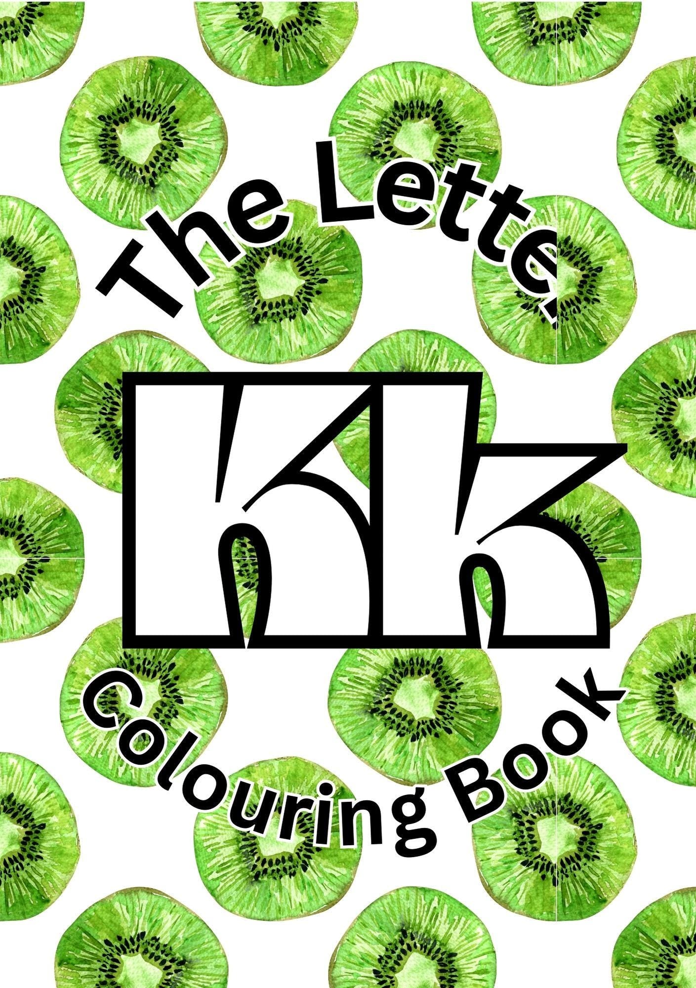 Cover of 'The Letter K Colouring Book' featuring a pattern of kiwi fruit slices with the letter 'K' prominently displayed in the center.