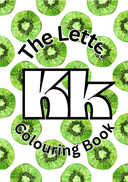 Cover of 'The Letter K Colouring Book' featuring a pattern of kiwi fruit slices with the letter 'K' prominently displayed in the center.