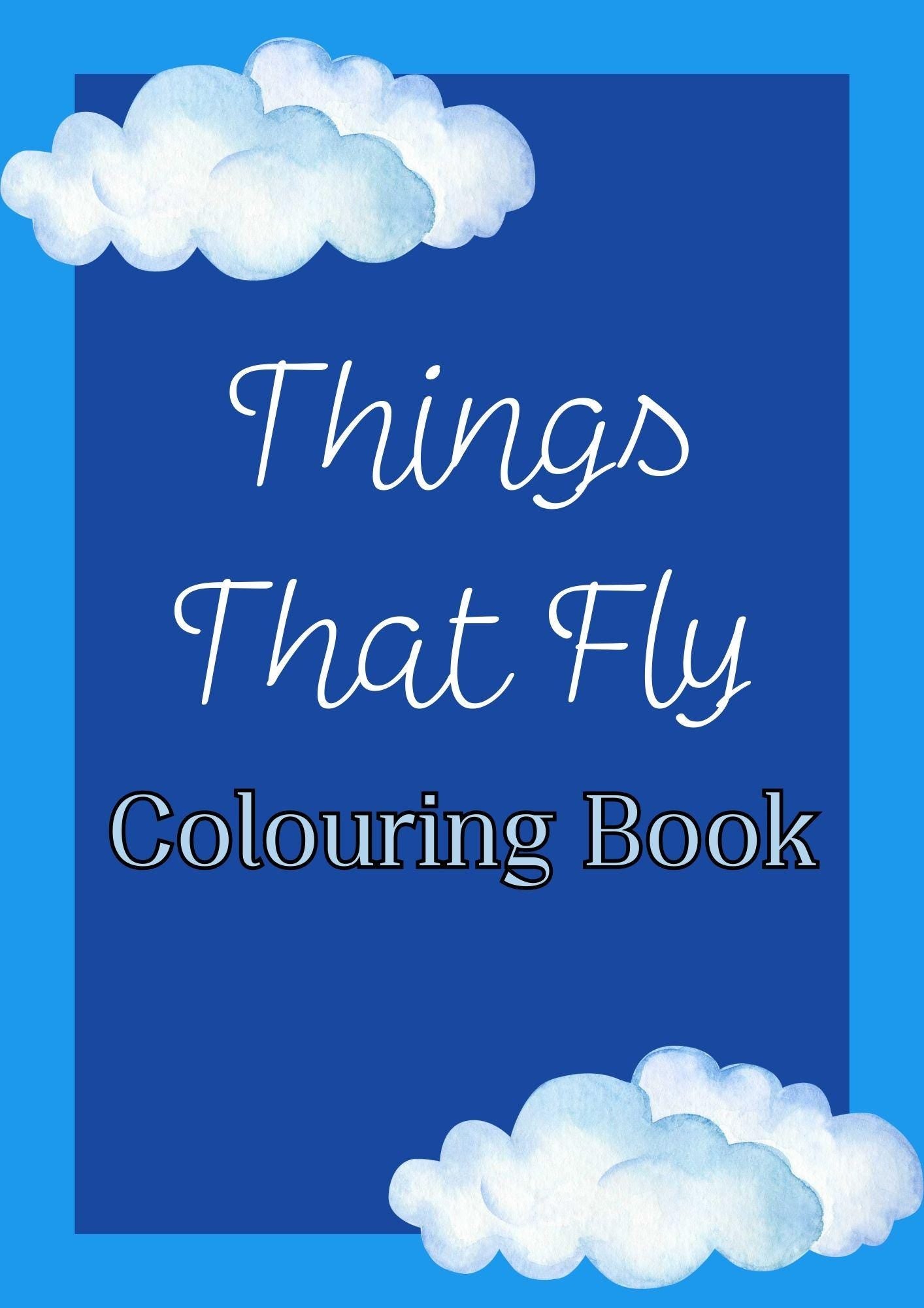 Cover of 'Things That Fly' colouring book with a blue background featuring clouds and the title text.