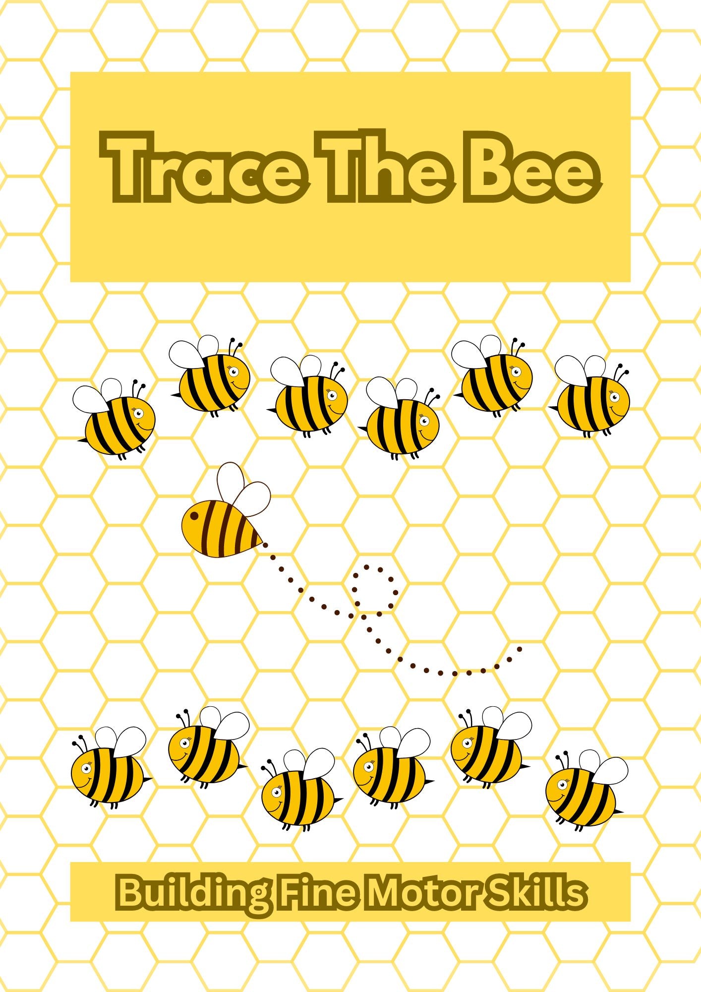 Worksheet with bees and honeycomb pattern for tracing practice on a yellow background.