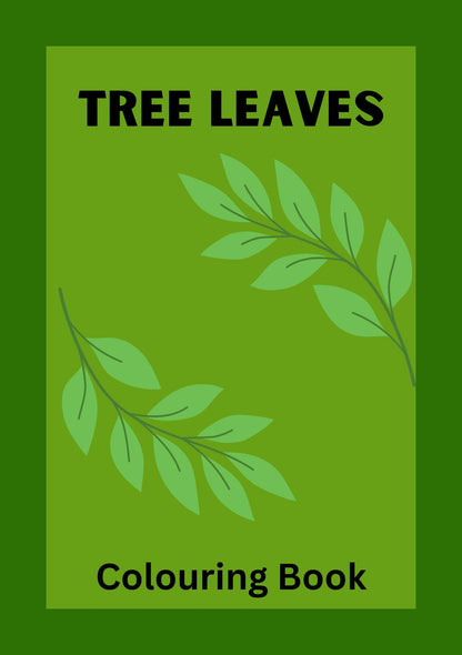 Cover of a coloring book titled 'TREE LEAVES Colouring Book' featuring hand-drawn green tree leaves on a green background.