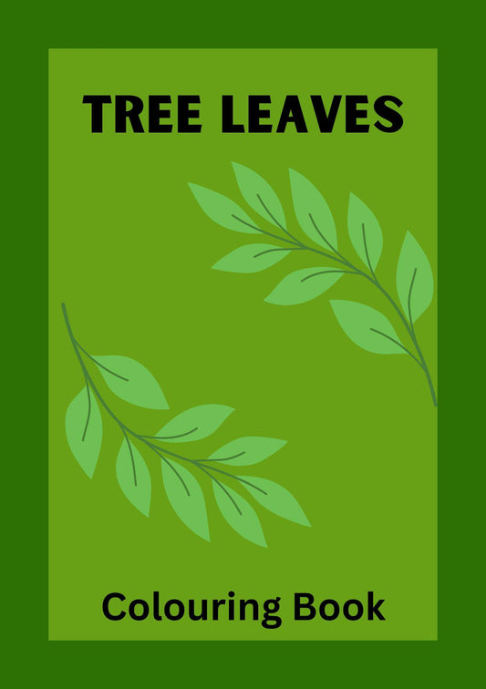 Cover of a coloring book titled 'TREE LEAVES Colouring Book' featuring hand-drawn green tree leaves on a green background.