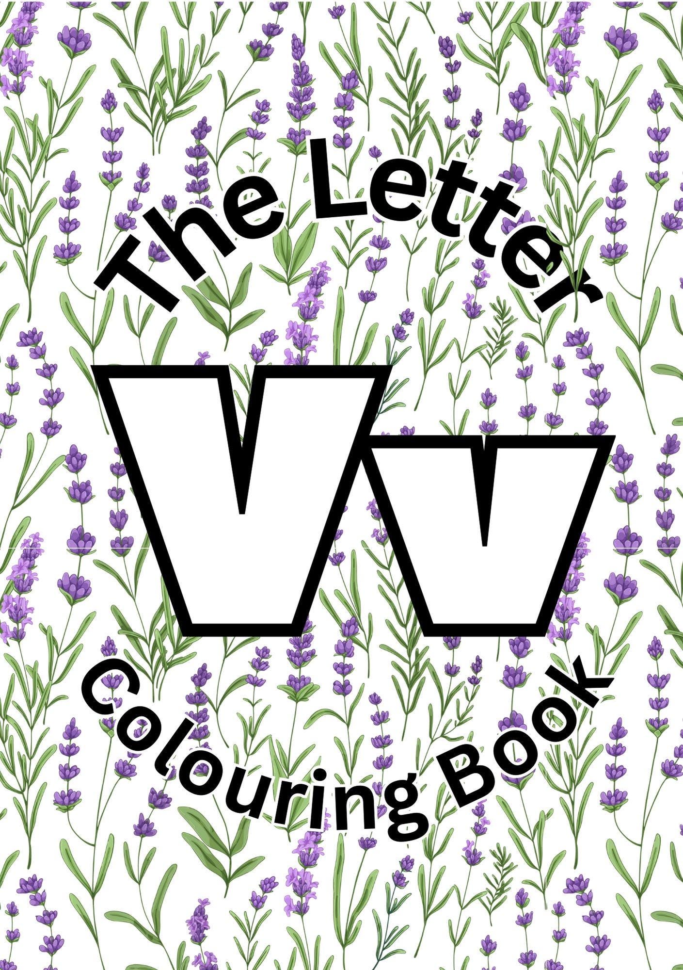Cover of 'The Letter V Colouring Book' featuring a pattern of the letter 'V' with a floral background.