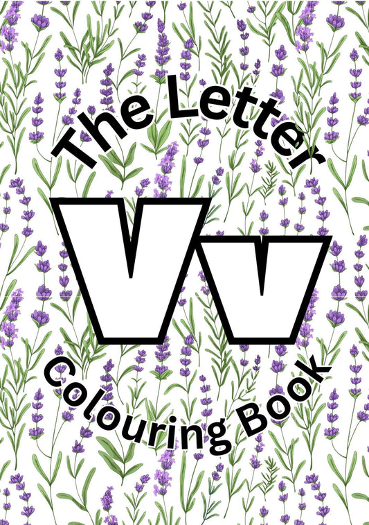 Cover of 'The Letter V Colouring Book' featuring a pattern of the letter 'V' with a floral background.