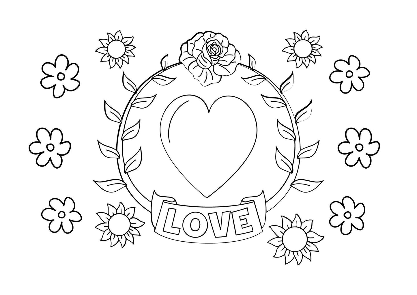 a flower and heart themed valentines day colouring page