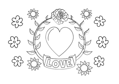 a flower and heart themed valentines day colouring page