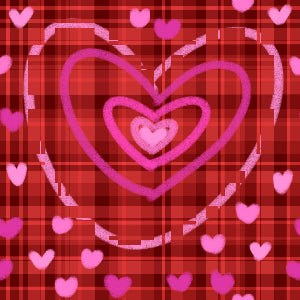 Heart pattern with pink hearts on a red plaid background