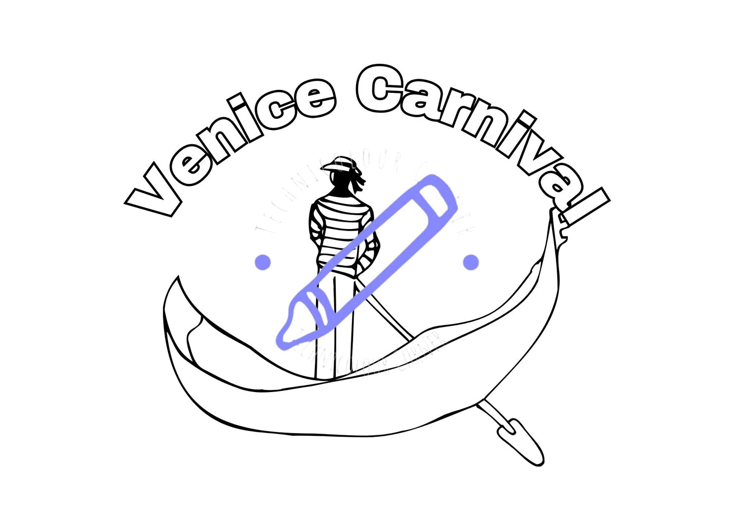 Illustration of a coloring page with the text 'Venice Carnival' featuring a person in a Venetian mask and a gondola, indicating a festive Venetian theme.