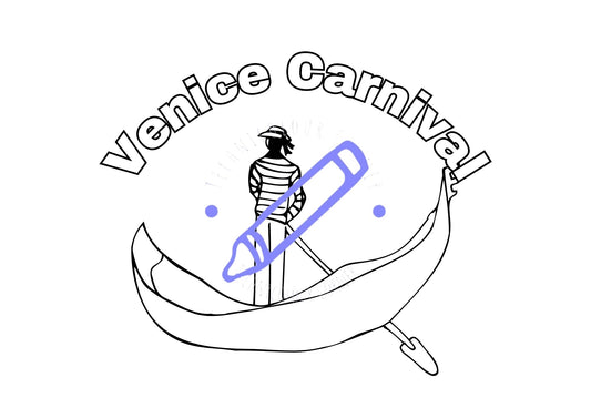 Illustration of a coloring page with the text 'Venice Carnival' featuring a person in a Venetian mask and a gondola, indicating a festive Venetian theme.