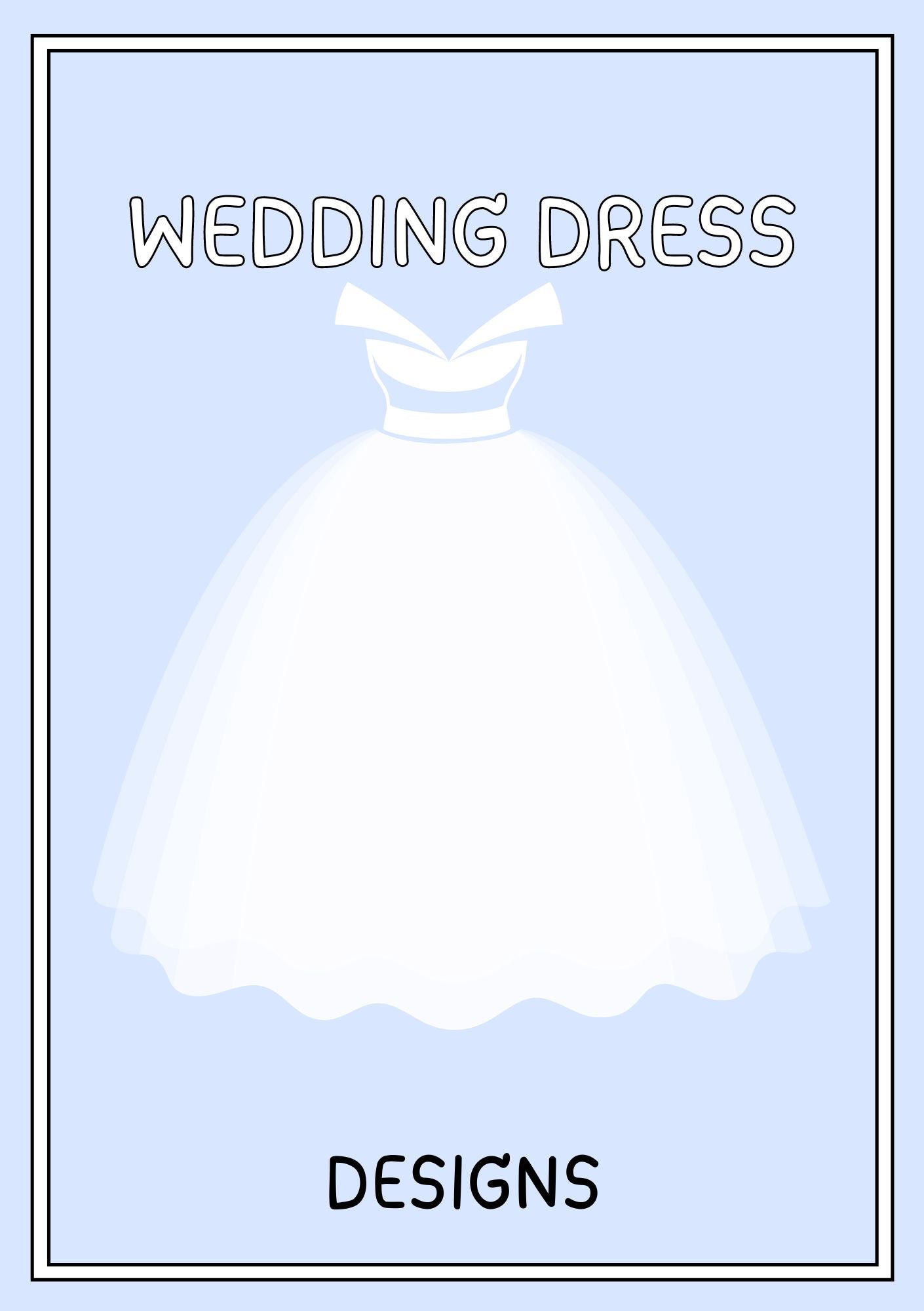 White wedding dress on a light blue background with 'Wedding Dress Designs' text.