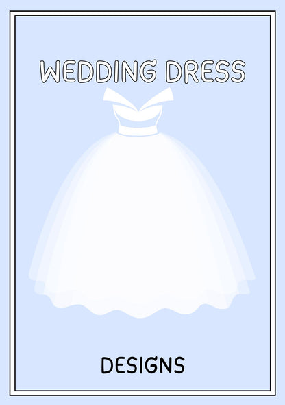 White wedding dress on a light blue background with 'Wedding Dress Designs' text.