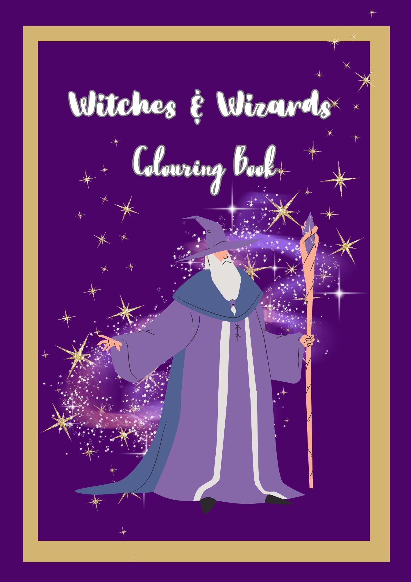 Cover of the 'Witches & Wizards Digital Colouring Book' featuring an illustration of an elderly wizard with a staff, surrounded by sparkles, against a purple background.