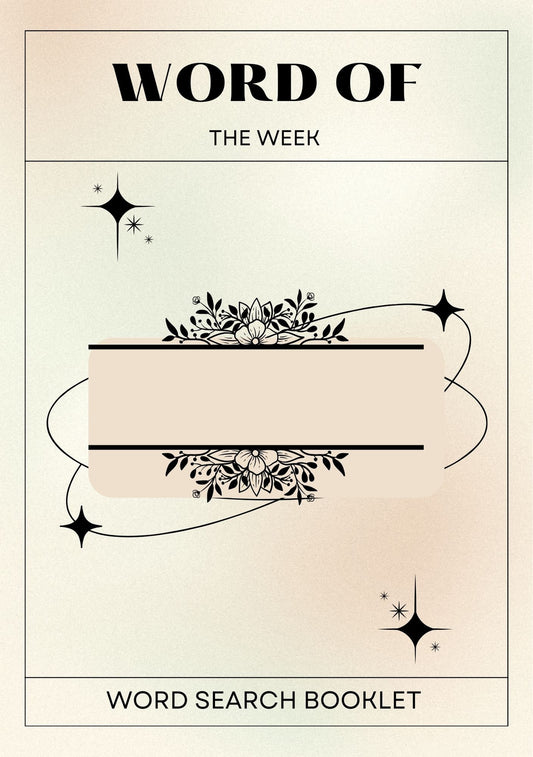 Cover of a printable 'Word of the Week' digital word search booklet with decorative elements such as stars and swirls.