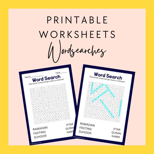 Two word search worksheets on a pink background with text 'Printable Worksheets Wordsearches'.