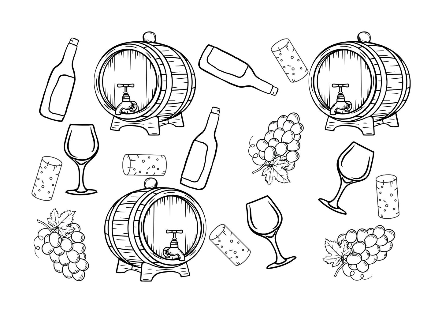 Line art colouring page set of wine bottles, glasses, and barrels on a white background for world wine day