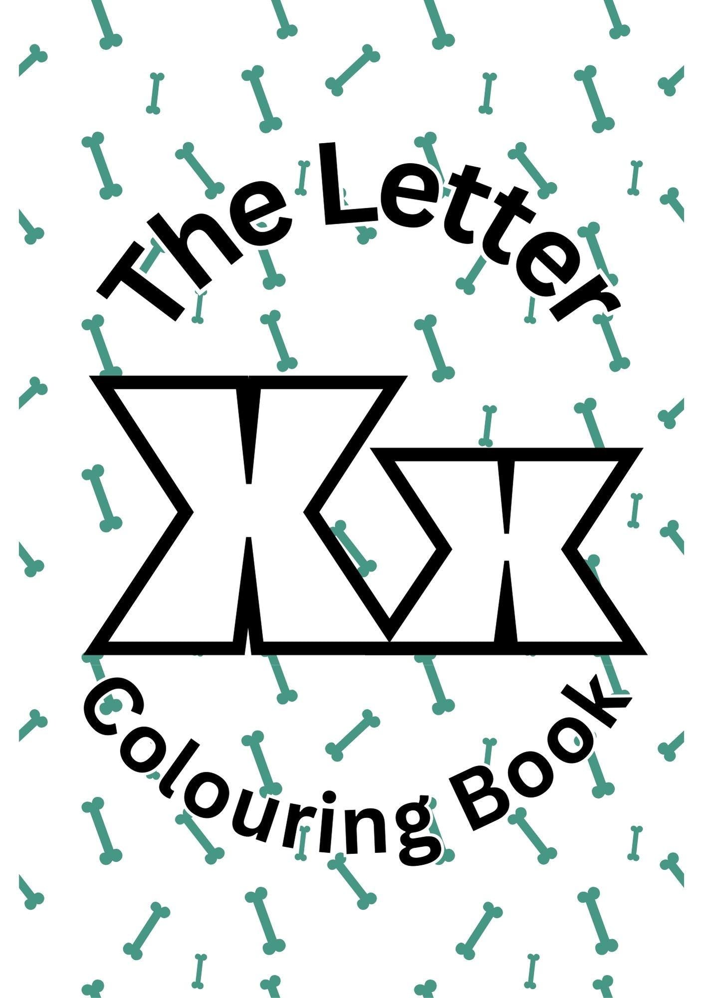 Cover of 'The Letter X Colouring Book' featuring stylized letter X and various green bone shapes pattern