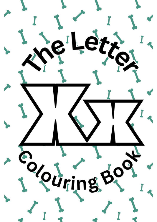 Cover of 'The Letter X Colouring Book' featuring stylized letter X and various green bone shapes pattern